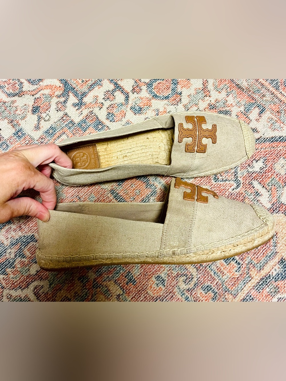 Tory Burch Beige Canvas Weston Espadrille Flats with Tan Logo - Picture 5 of 9
